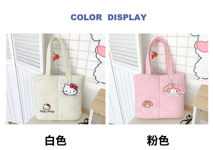 2024 New Sanrio Handbag Cartoon Cute Down Fabric Kuromi Tote Bag Shoulder Pacha Dog Cute Stationery Bag Large Capacity Handbag