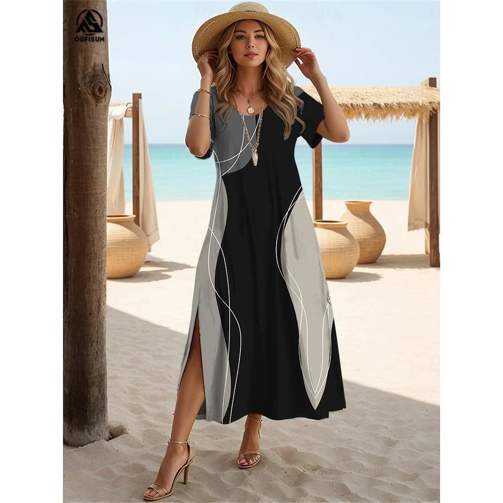 Summer Streaks Print Clothing Elegant Women's Slit Dress V-Neck Short Sleeves Long Dresses Loose Pullover Hot Selling Streetwear