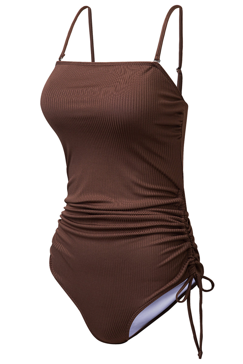 Coffee Ribbed Drawstring Sides Cutout One Piece Swimsuit