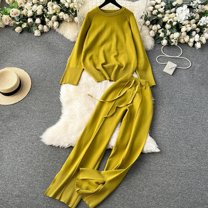 HELIAR Women Knitted Loose 2 Piece Sets Long Sleeve O-Neck Sweater and Wide Leg Pants Outfit Casual Office Set Autumn Winter