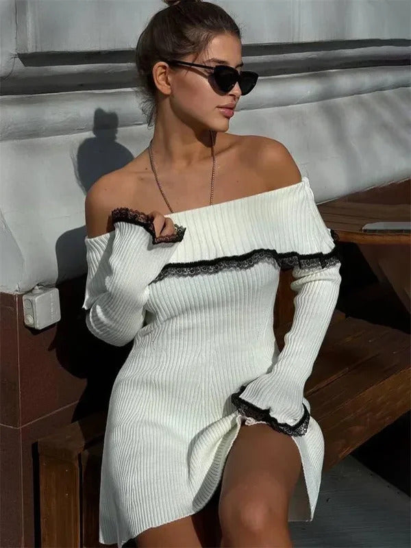 Tossy Knit Off-Shoulder Sweater Mini Dress Women's Lace Patchwork Ribbed Slim Backless Elegant Party Dress Knitwear Mini Dress