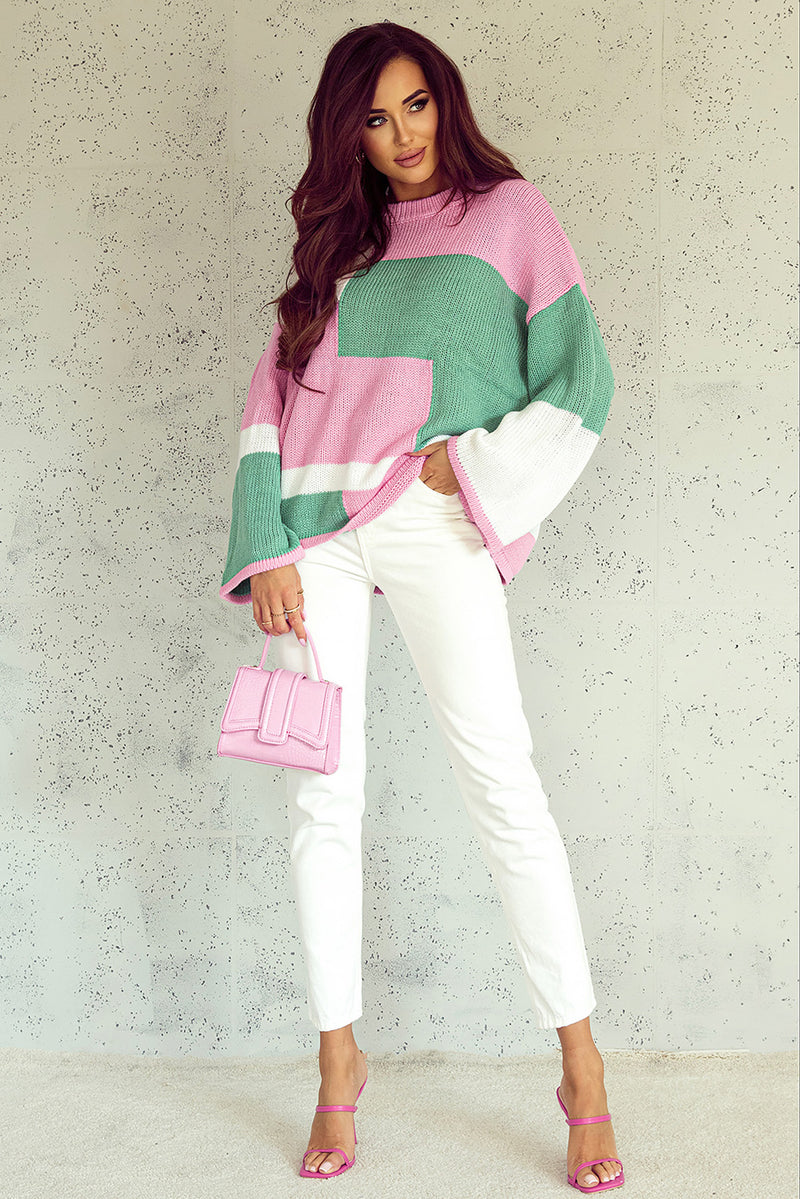 Pink Colorblock Drop Shoulder Bell Sleeve Sweater