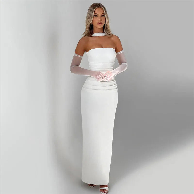 Mozision Strapless Backless Sexy Maxi Dress For Women Burgundy Mesh Sleeve Off-shoulder Bodycon Club Party Evening Long Dress