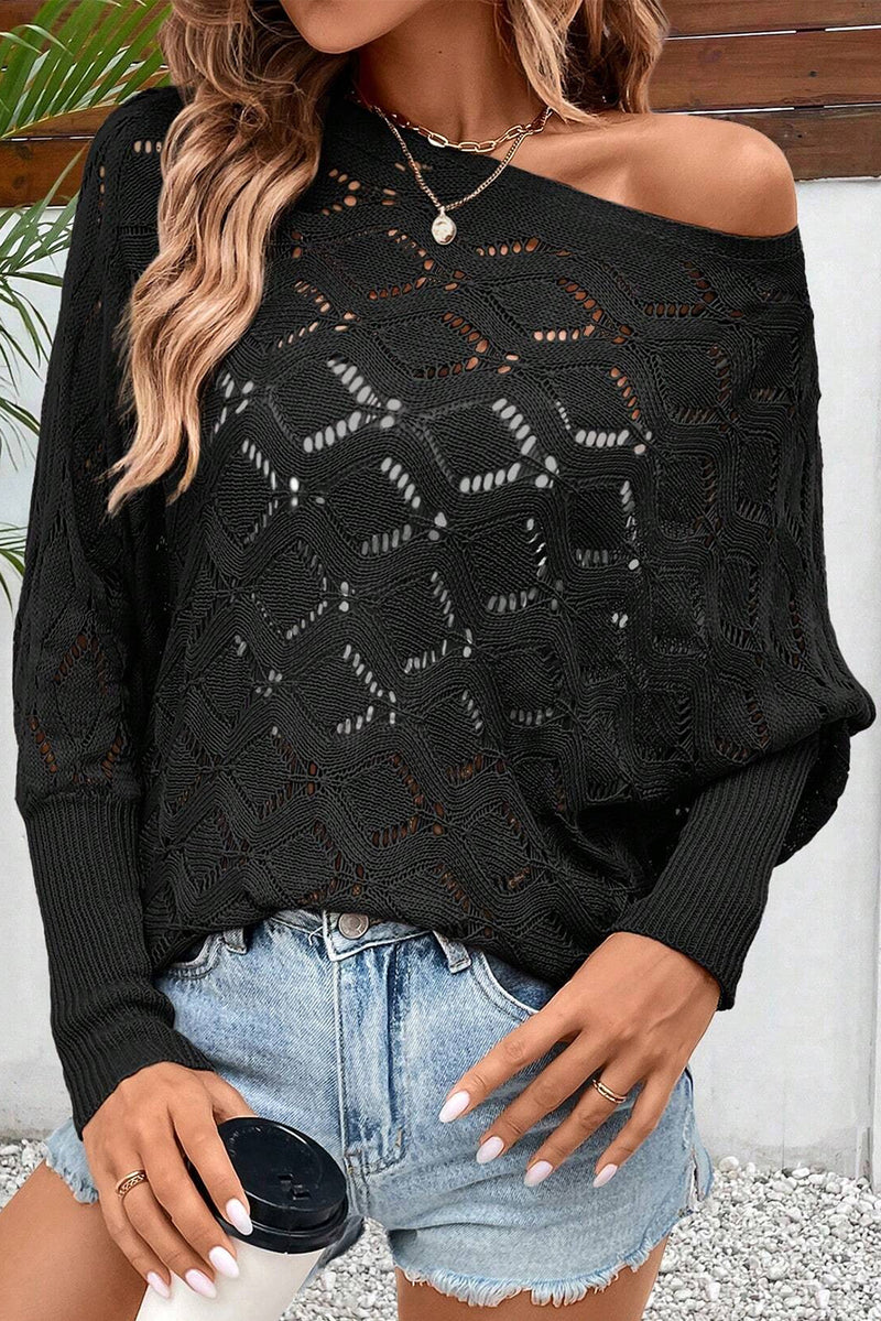 Black Chic Rhombus Knit Dolman Sleeve Sweater