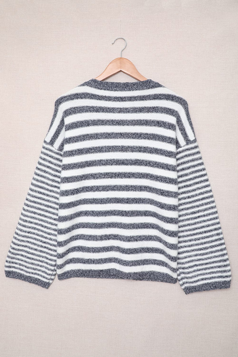 Blue Striped Knit Tie up Sweater