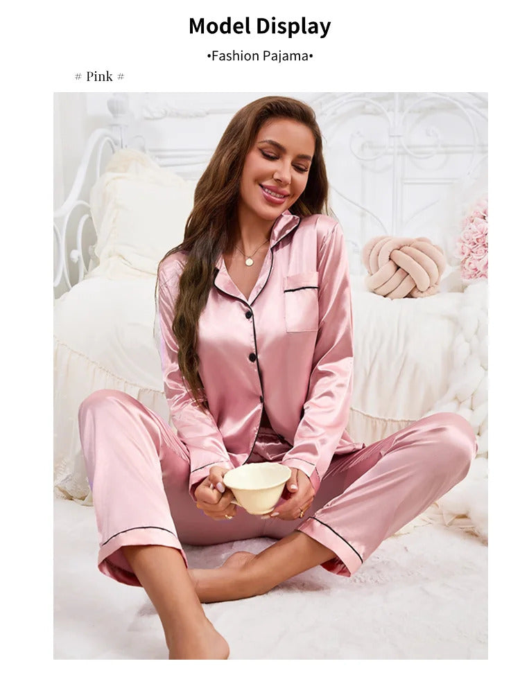 Women's Pajamas Autumn Luxurious Solid Satin Long Sleeve Pajama Set Elegant Lapel Collar Top & Long Pants Sleepwear & Loungewear