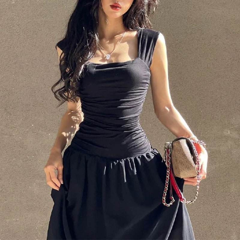 WhereMery Women Summer Party Long Dress Sexy Ruched Bodycon Black Maxi Dresses 2024 Elegant Temperament High-waist Vestidos New