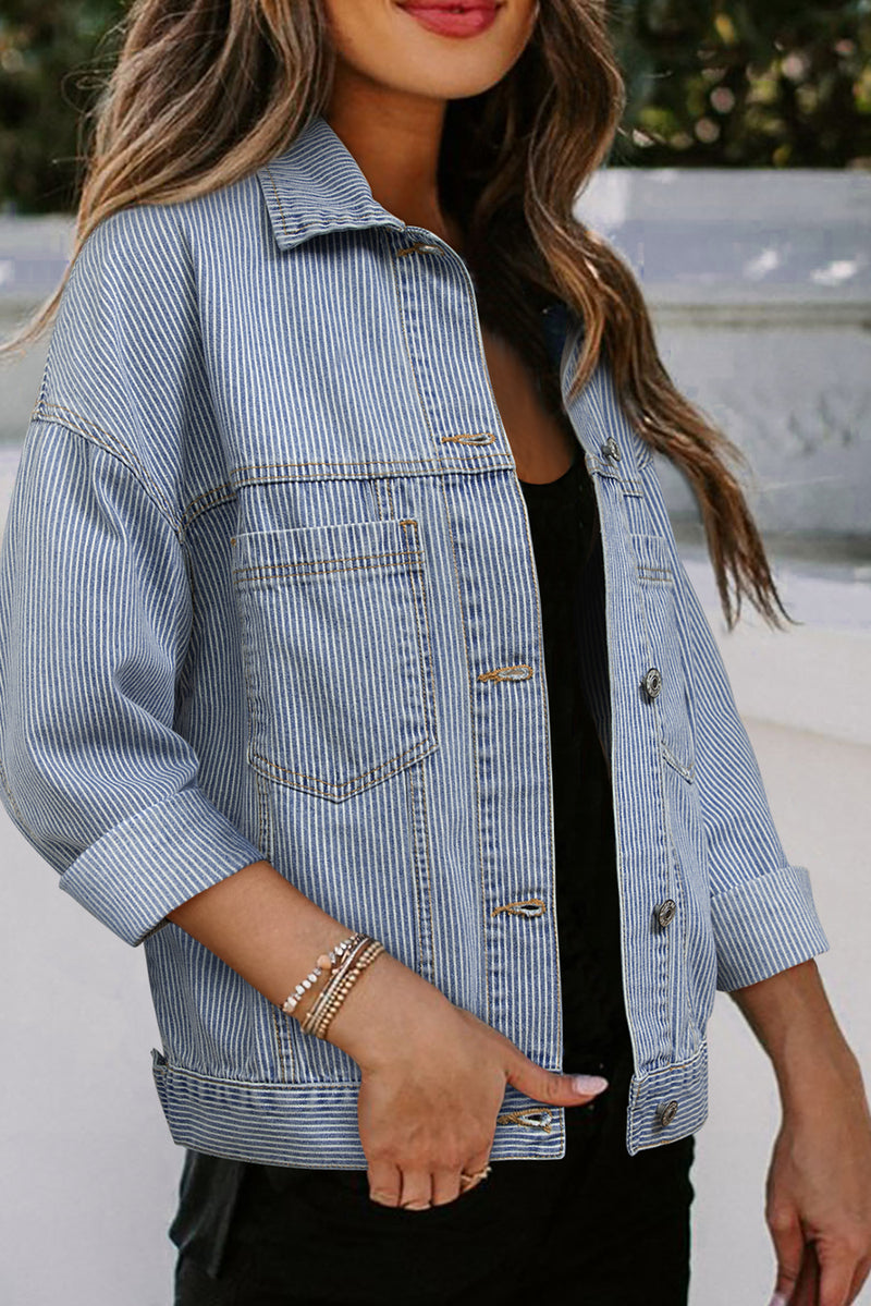 Sky Blue Stripe Washed Oversize Pocketed Denim Jacket