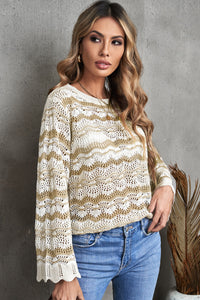 Wavy Stripe Scalloped Edge Pointelle Knit Sweater