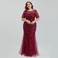 Women Plus Size Sequin Mesh Embroidery Mermaid  Evening Dress Formal Short Sleeve Elegant Party Prom Gowns 2020 New Long Dress