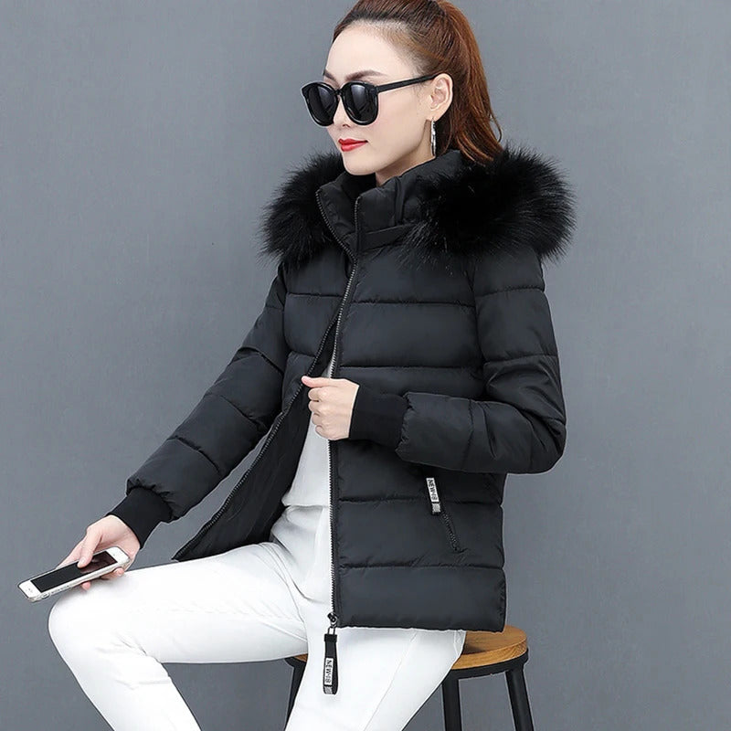 Zipper Fur Hooded Short Down Cotton Jacket Thickened Coat Fall Winter Casual Elegant Long Sleeve Warm Pockets Women Clothing New