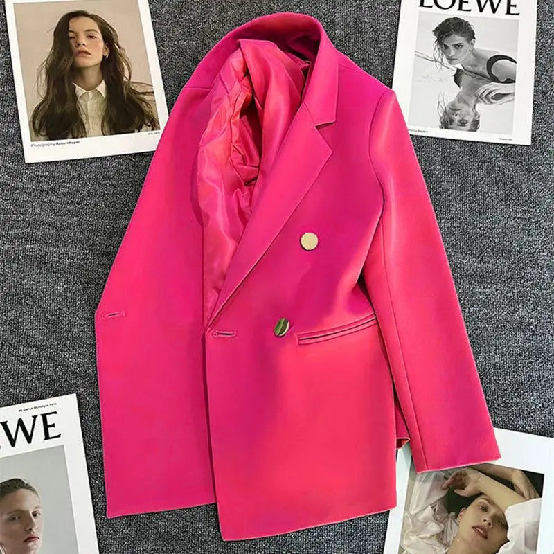 Solid Casual Coat Metal Buckle Small Suit Jacket Women Clothing Summer Double Breasted Office Lady Elegant Blazers Thin Autumn