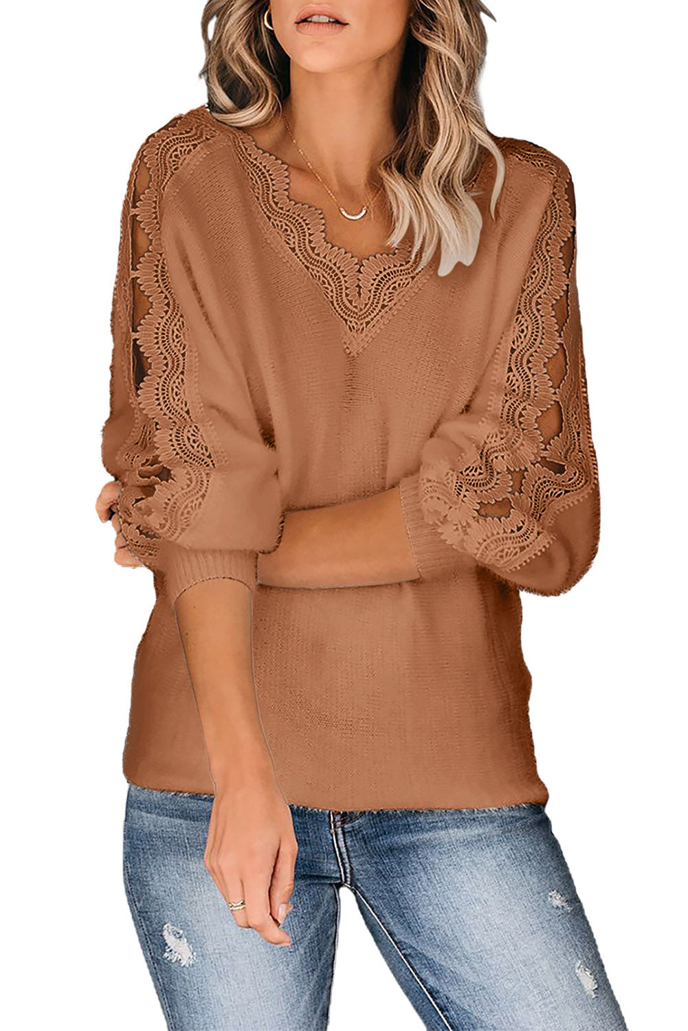 Gray Lace Splicing V Neck Pullover Sweater