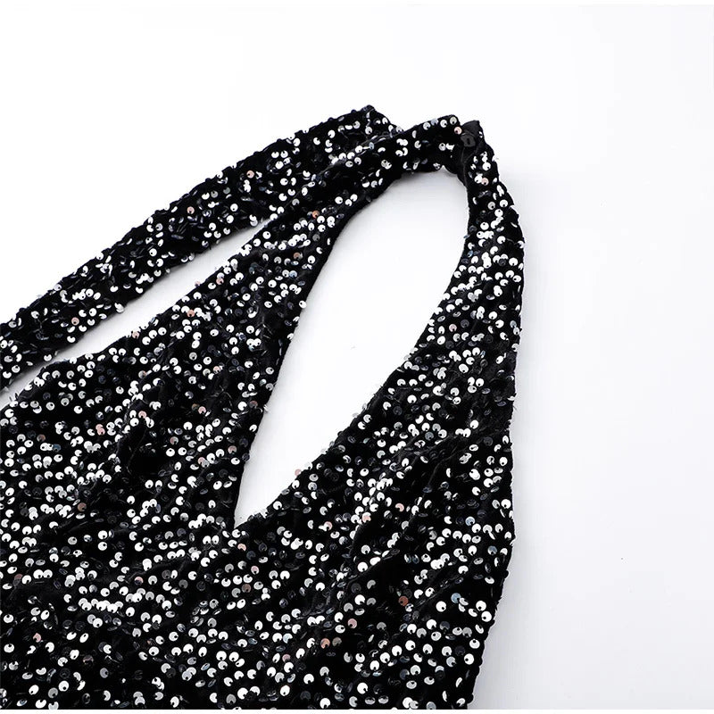 Sexy Sequin Velvet Sleeveless Dress Women Black Shinny V-neck A-line Loose Evening Dresses Female 2025 Fashion Solid Party Robe