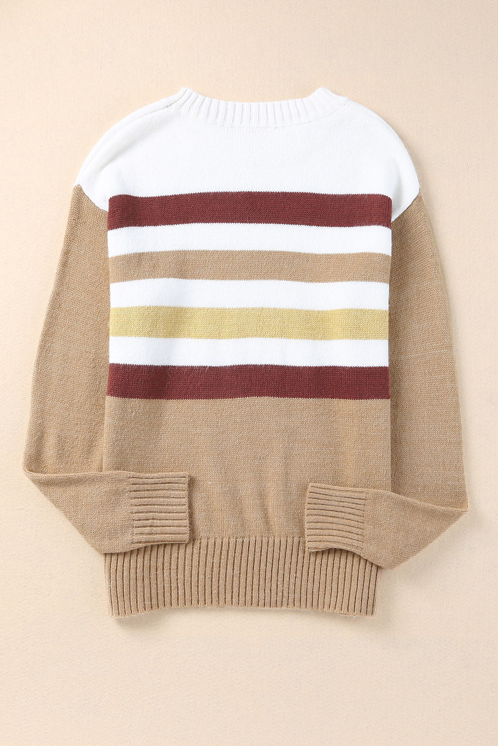 Khaki Crew Neck Striped Long Sleeve Sweater