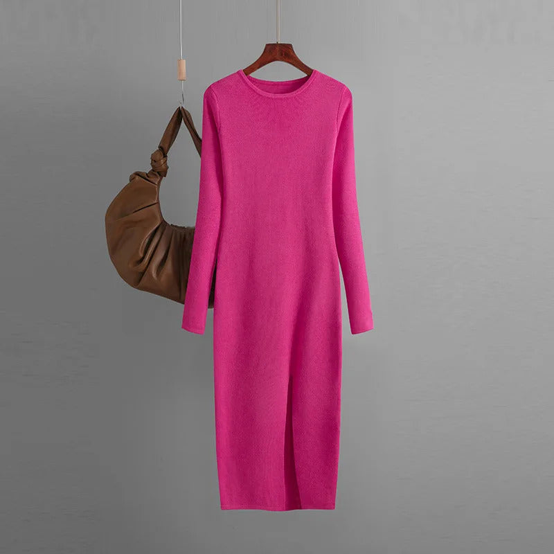 HLBCBG Elegant Winter Long Sleeve Pullover Midi Dress Thick Warm  bodycon Party Dresses O Neck Long Knit Women Sweater Dress