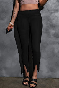 Khaki Rib Knit High Waist Slit Leggings