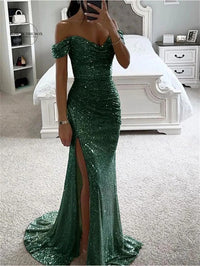 Women Mermaid Champagne Evening Maxi Dresses 2024 Elegant Off-Shoulder Sequin Split Prom Formal Gowns For Party Customized