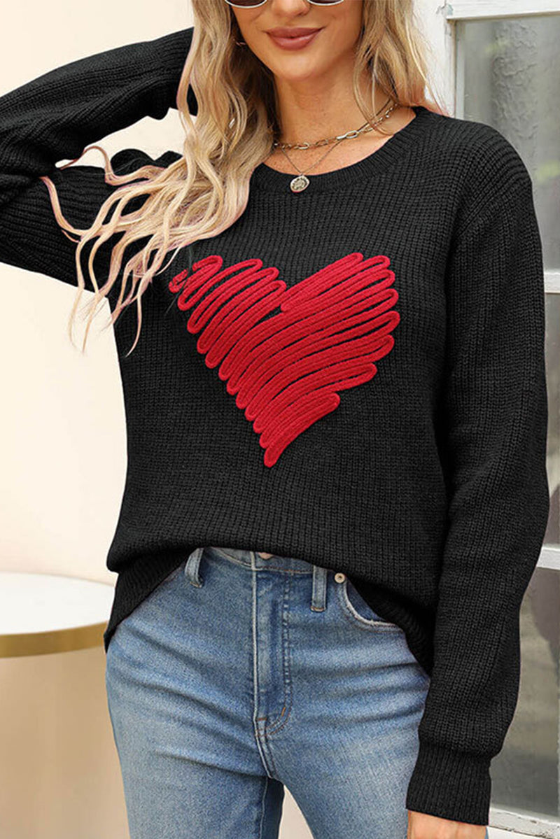 Black Valentines Heart Sketch Round Neck Sweater