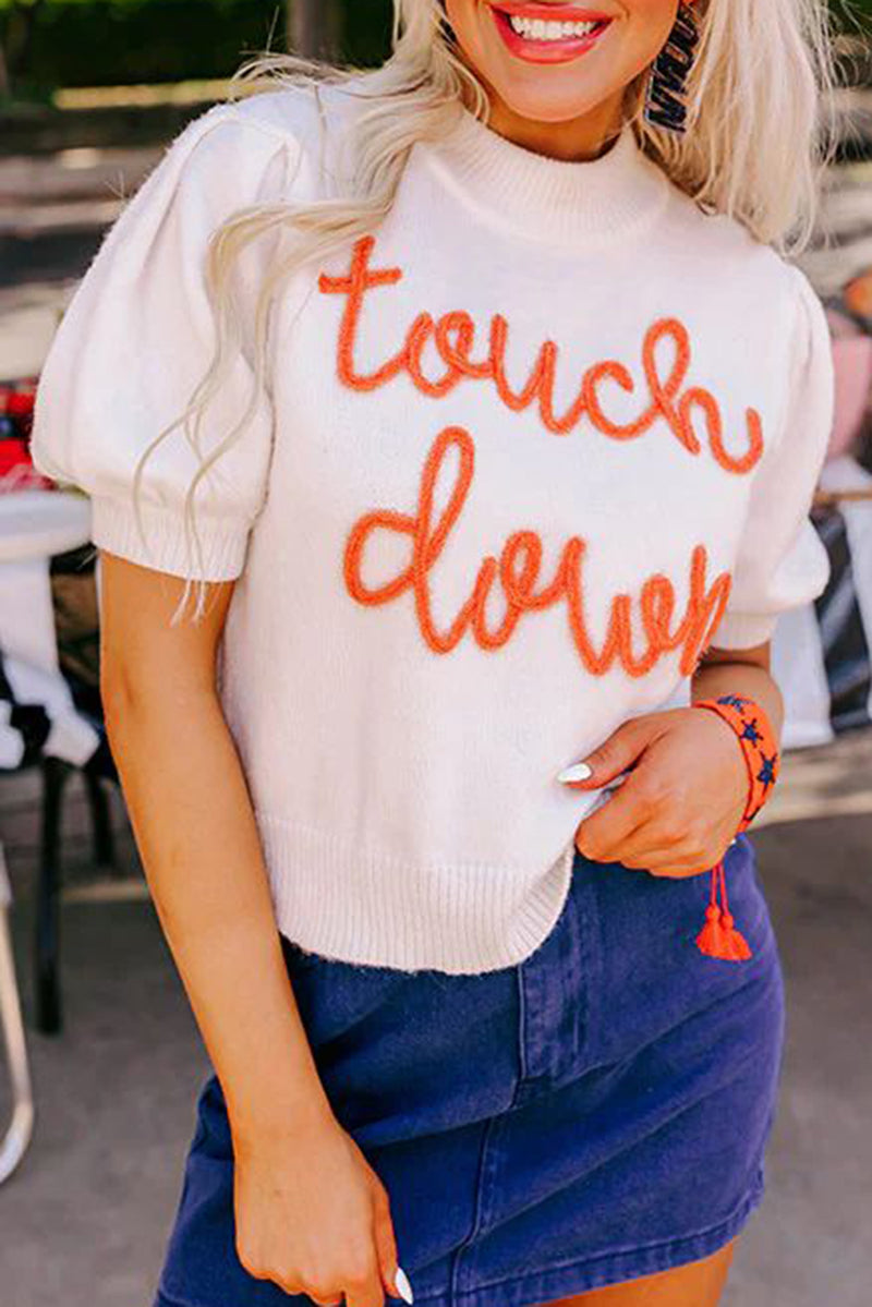 White Touchdown Tinsel Puff Short Sleeve Crew Neck Sweater