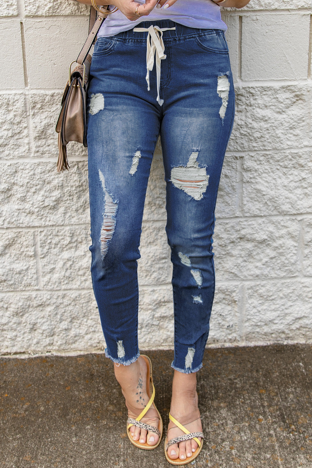 Blue Drawstring Elastic Waist Hole Ripped Jeans