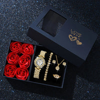 Fashion Luxury Women Gold Watch Bracelet Necklace 6Pcs Set Ladies Diamond Quartz Wristwatch Valentine's Day Mother's Day Gift