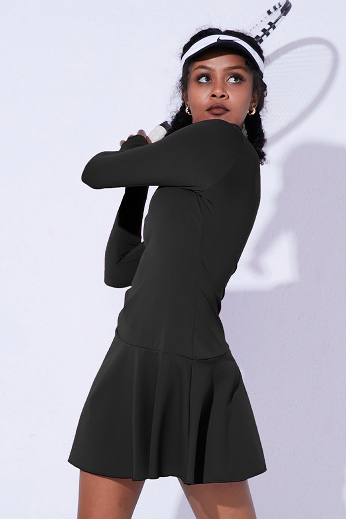 Black Colorblock Trim Front Cut out Long Sleeve Active Dress