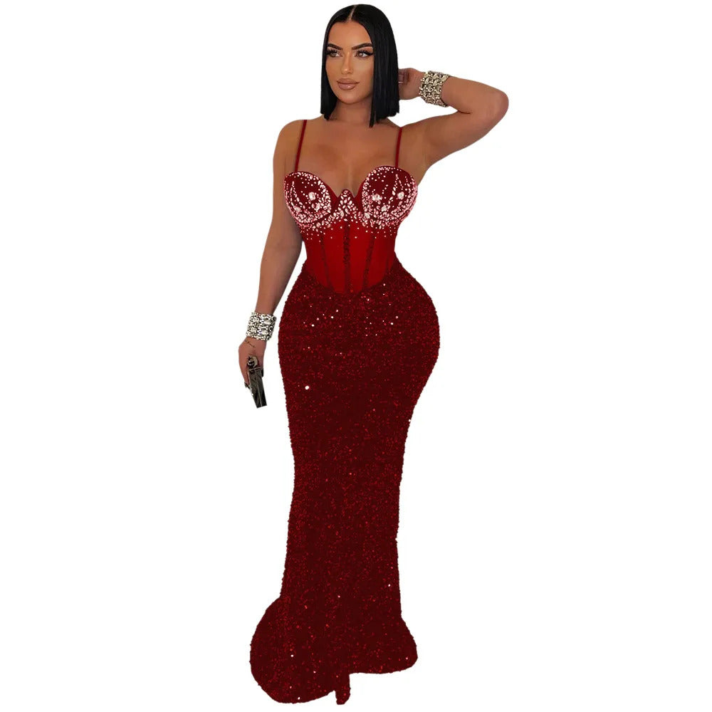 CM.YAYA Women Mesh Velvet Diamonds Sleeveless Strap Bodycon Maxi Dress Sequine Birthday Sexy Party Evening Vestidos Long Dresses