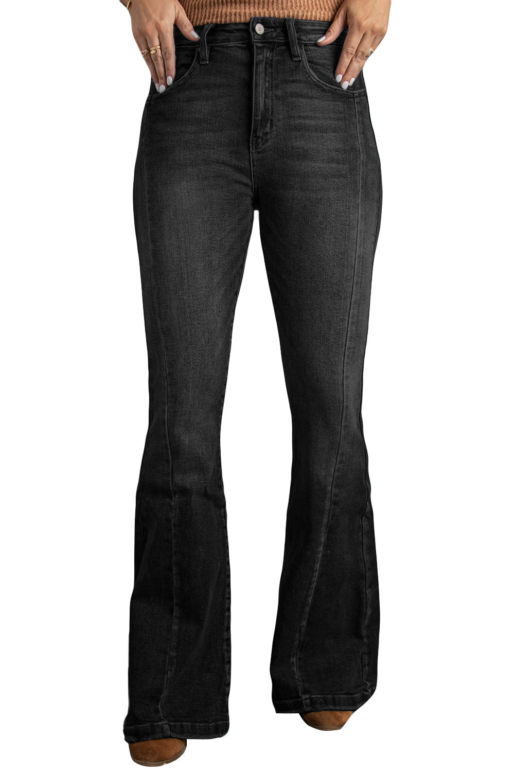 Black High Waist Flare Jeans with Pockets