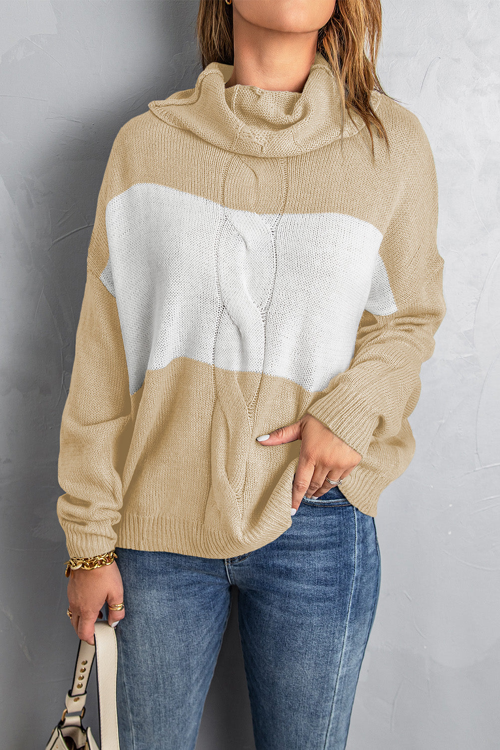 Khaki Colorblock Turtleneck Loose Knitted Sweater