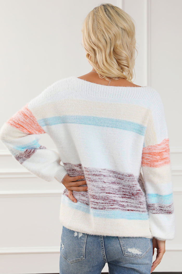 Multicolor Colorblock Striped Bishop Sleeve Fuzzy Sweater