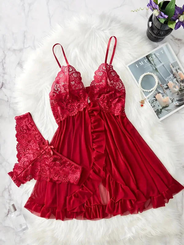 Contrast Lace Ruffle Trim Lingerie Set, Deep V Slip Dress & Thong, Women's Sexy Lingerie & Underwear