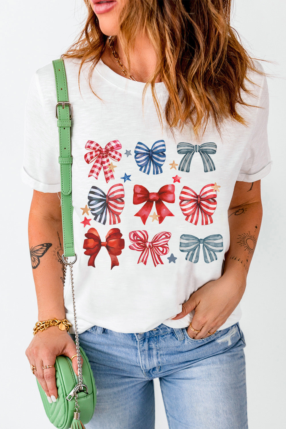 White Stripe and Star Bowknot Graphic Tee