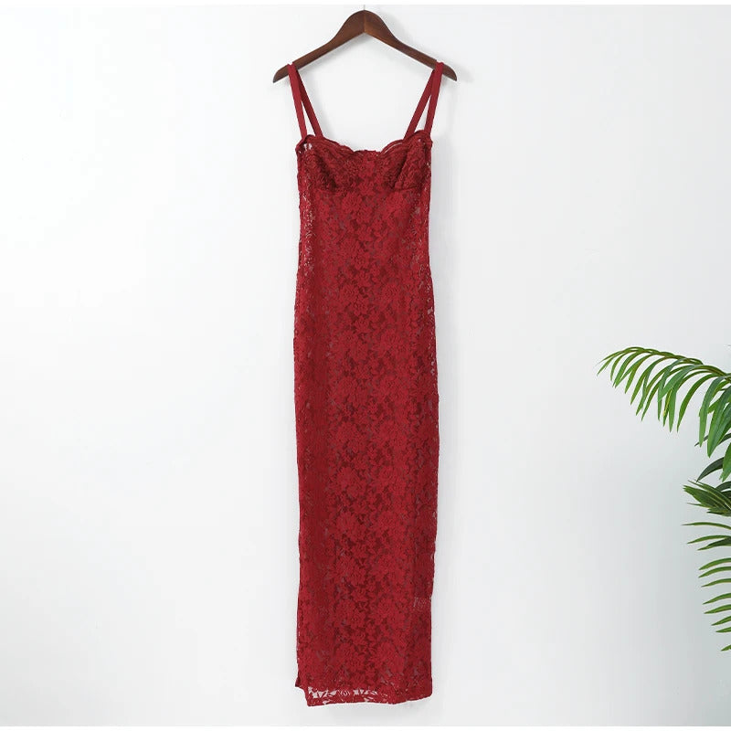 Women Chic Burgundy Lace Back Slit Maxi Dress Sexy Skinny Square Neck Backless Sling Robe 2024 New Lady Elegant Cocktail Dresses