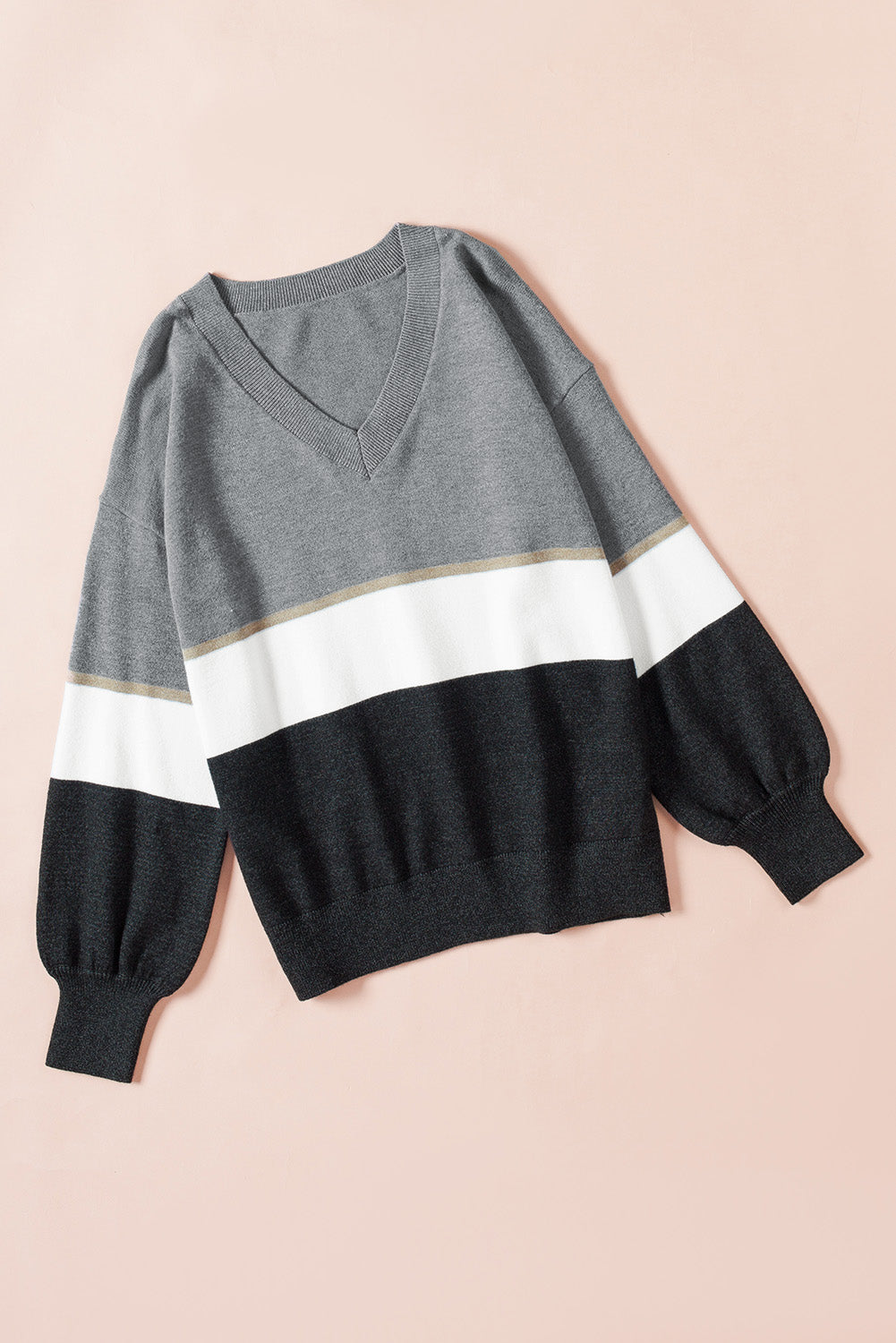 Gray Colorblock V Neck Sweater