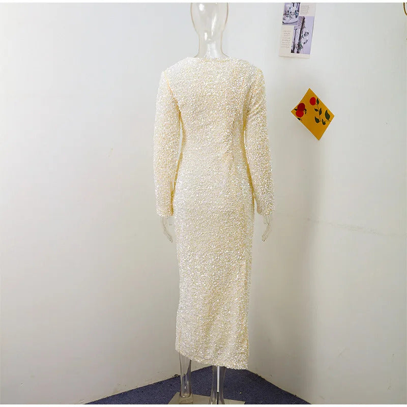 Elegant Solid Sequined Dress Women Detachable Sleeve Cover Glitter Party Dresses Female 2024 Fashion Shining Evening Robe Lady