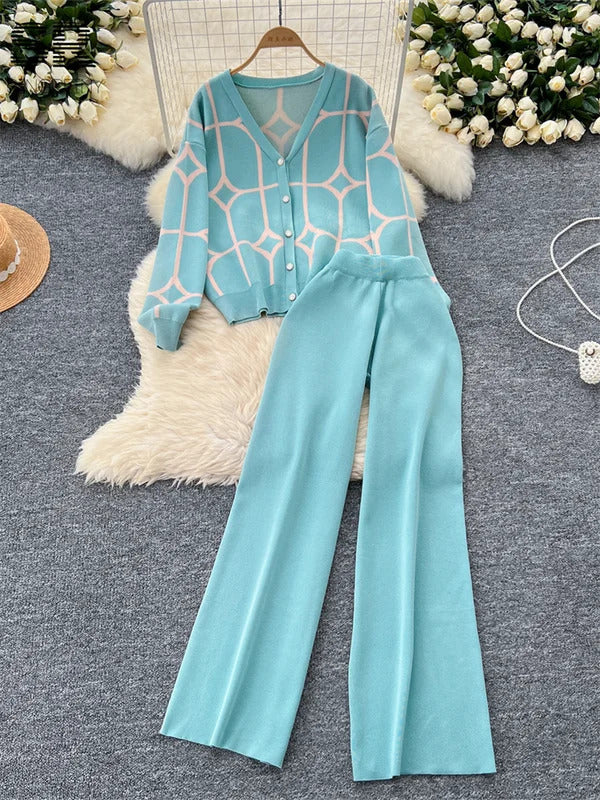 SINGREINY Basics Print Knit Two Pieces Sets Autumn Winter Single Breasted Cardigan+Wide Leg Long Pants Fashion Streetwear Suits