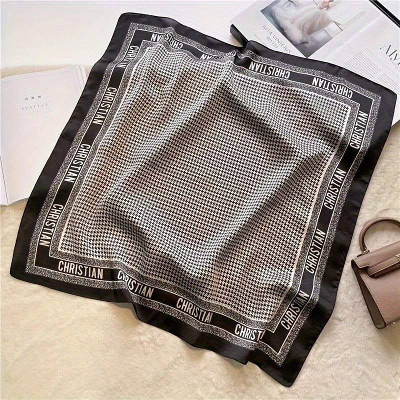 1pcs 70cm Houndstooth Printed Square Scarf for Women Imitation Silk CHRISTIAN Letters Fashionable and Versatile Headscarf Scarf