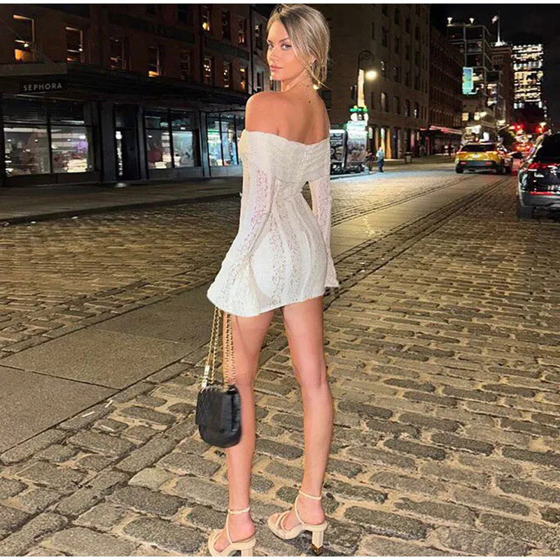 White Floral Lace Off-shoulder Maxi Dress For Women Elegant Strapless Backless Long Sleeve Bodycon Robes 2024 Lady Party Dresses