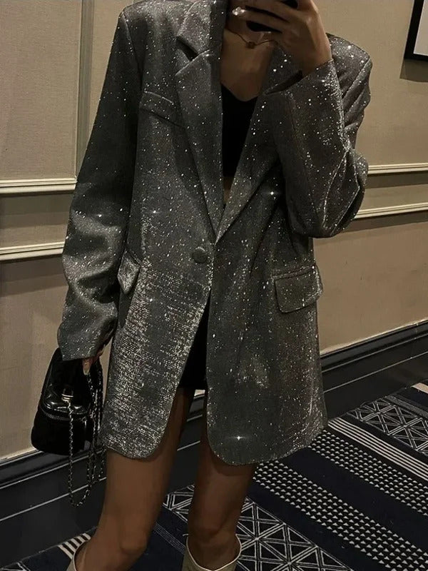 Tossy Sequin Glitter Lapel Suit Outwear For Women Luxury Long Sleeve Fashion Pocket Elegant Sparkle Coat Women's Suit Outwear