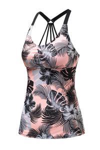 Pink Floral Printed Strappy Racerback Tankini Swim Top