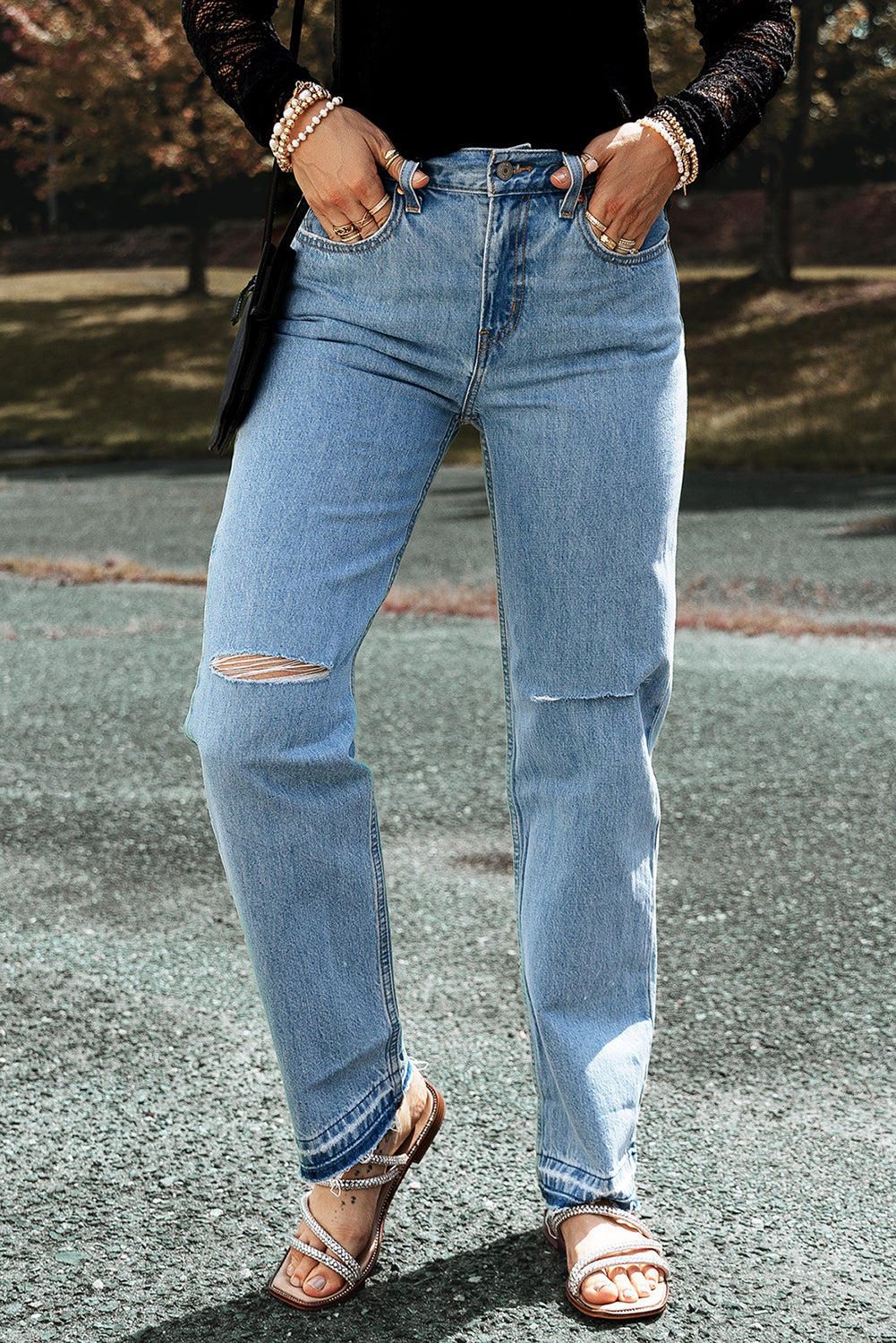 Light Blue Distressed Slit Leg Raw Edge Straight Jeans