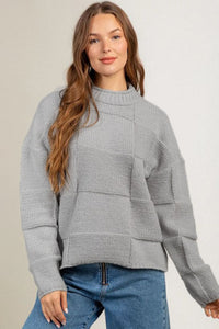 Gray Mock Neck Checkered Textured Sweater