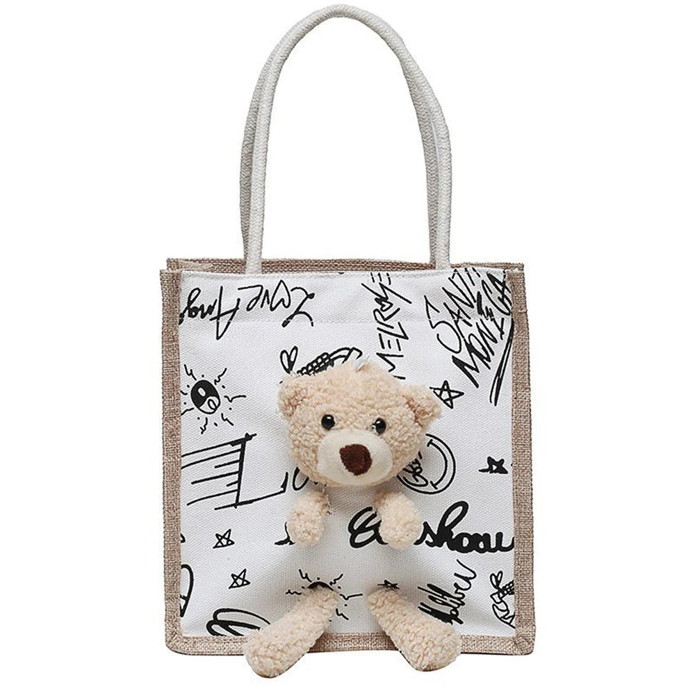 Cute Bear Tote Bag Canvas Girls Bag Student Coin Purse Gift Bag Simple Fashion Canvas Bag Canvas Bag Hand Shopping Tote Bag-ll