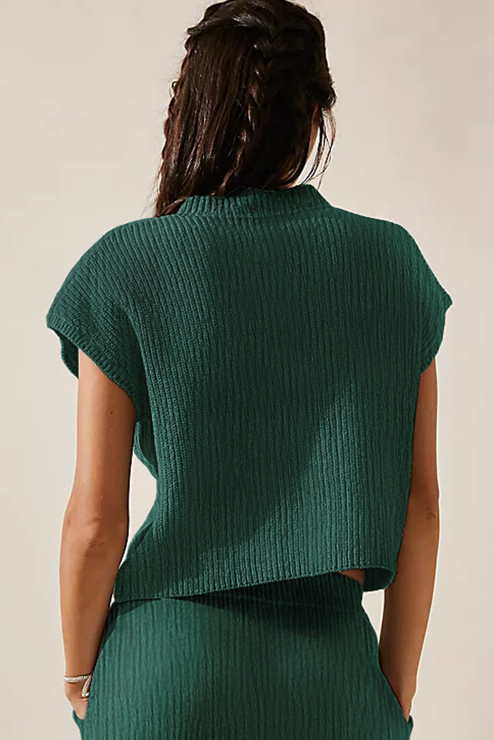 Blackish Green Chest Pocket V Neck Ribbed Cap Sleeve Sweater