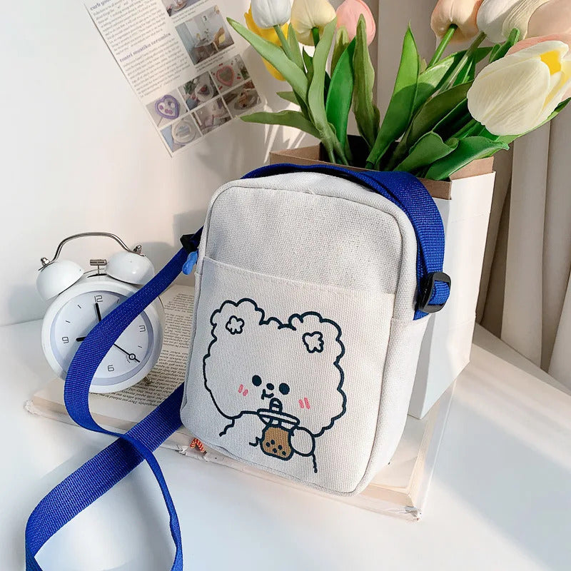 Cute Bear Rabbit Print Crossbody Bags For Women Girls Mini Canvas Square Purse Trendy Cartoon Handbags Shoulder Phone Bag New