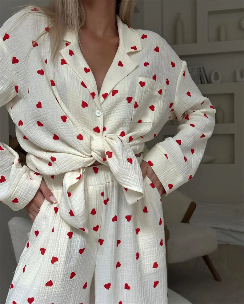 Summer New Love Heart Print Pyjama 100% Cotton Long Sleeve Set 2Pcs Outfit Lapel Sleepwear Button Down Women's Pajamas Nightwear