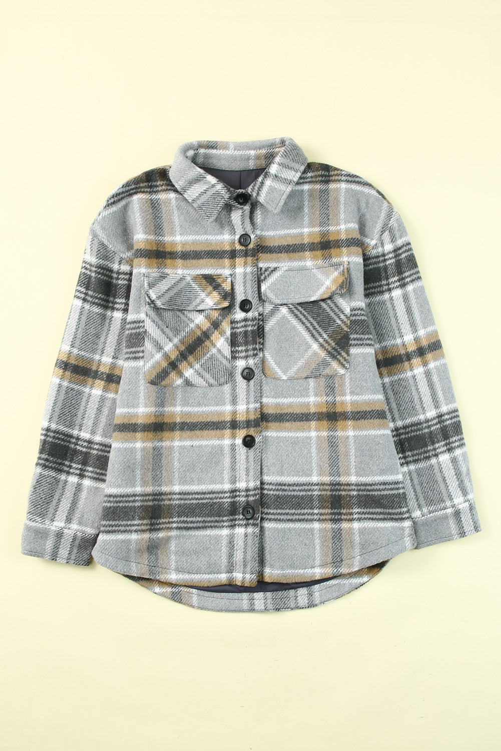 Gray Plaid Print Pocketed Shirt Jacket