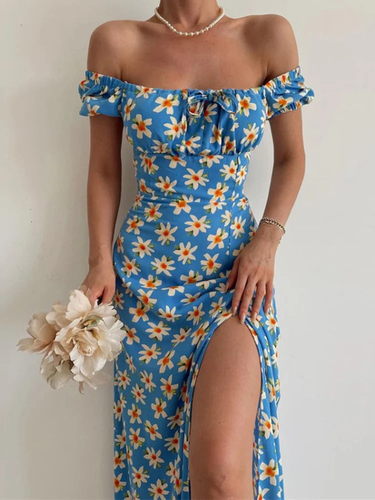 Sexy Floral Print Short Sleeve Hip Wrap Party Dress Elegant Off Shoulder Backless Dress New Summer Waist Slit Boho Long Dresses