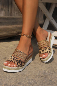 Chestnut Leopard/Floral Print Braided Details Wedge Slippers